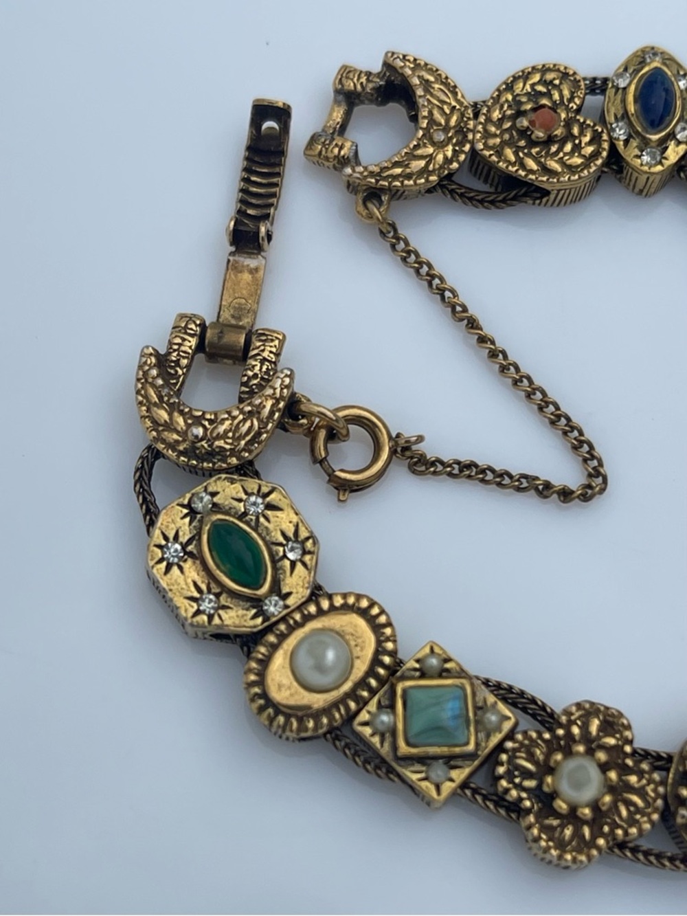 Vintage MCM Goldette Victorian Revival Slide Bracelet Faux Pearl Emerald Garnet - Picture 7 of 10